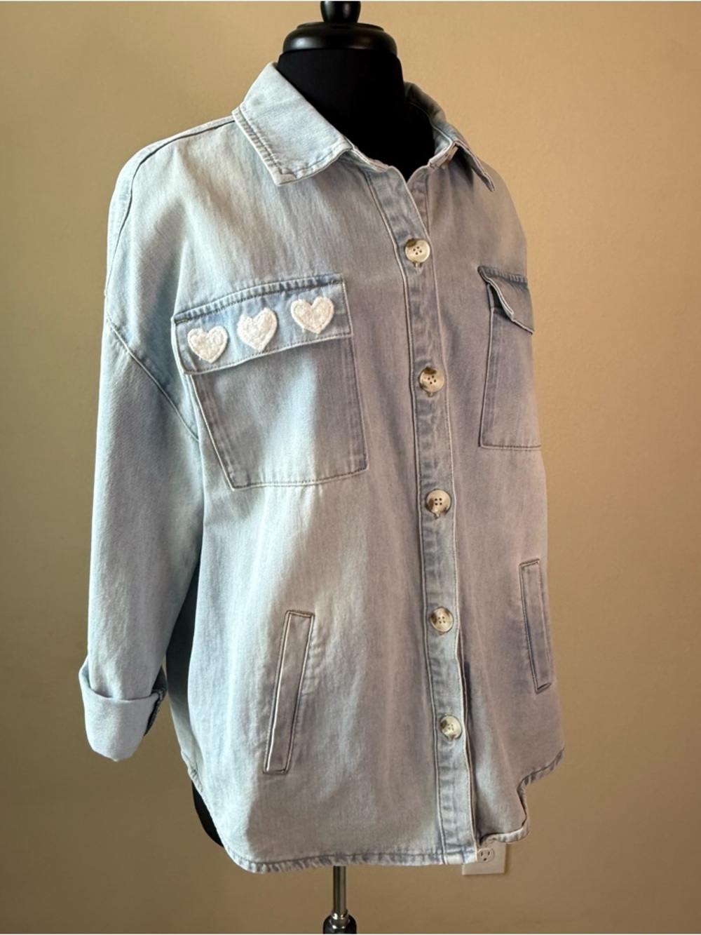 CHARLIE B Blue Denim Jacket Size Large Embroidered Hearts Smiley Face - Picture 5 of 13